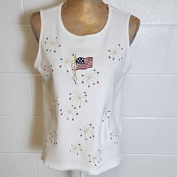 White and Gold Tank Top Festive Patriotic Embroidered Design - Picture 1 of 10